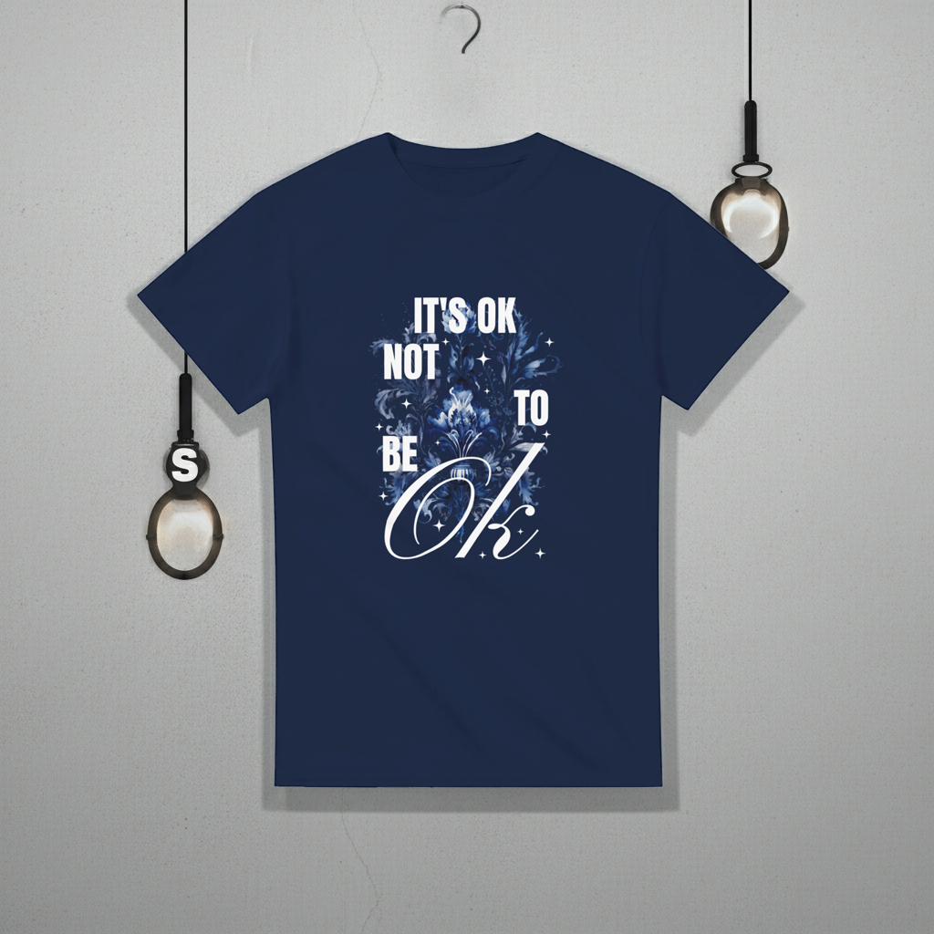 Navy blue t-shirt with motivational quote on a gray background