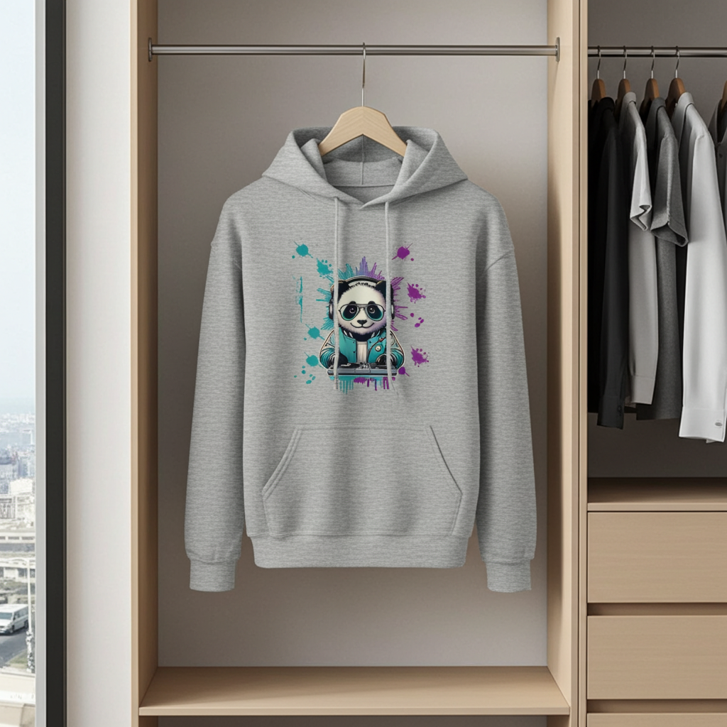 Gray hoodie with a panda design hanging in a wardrobe.