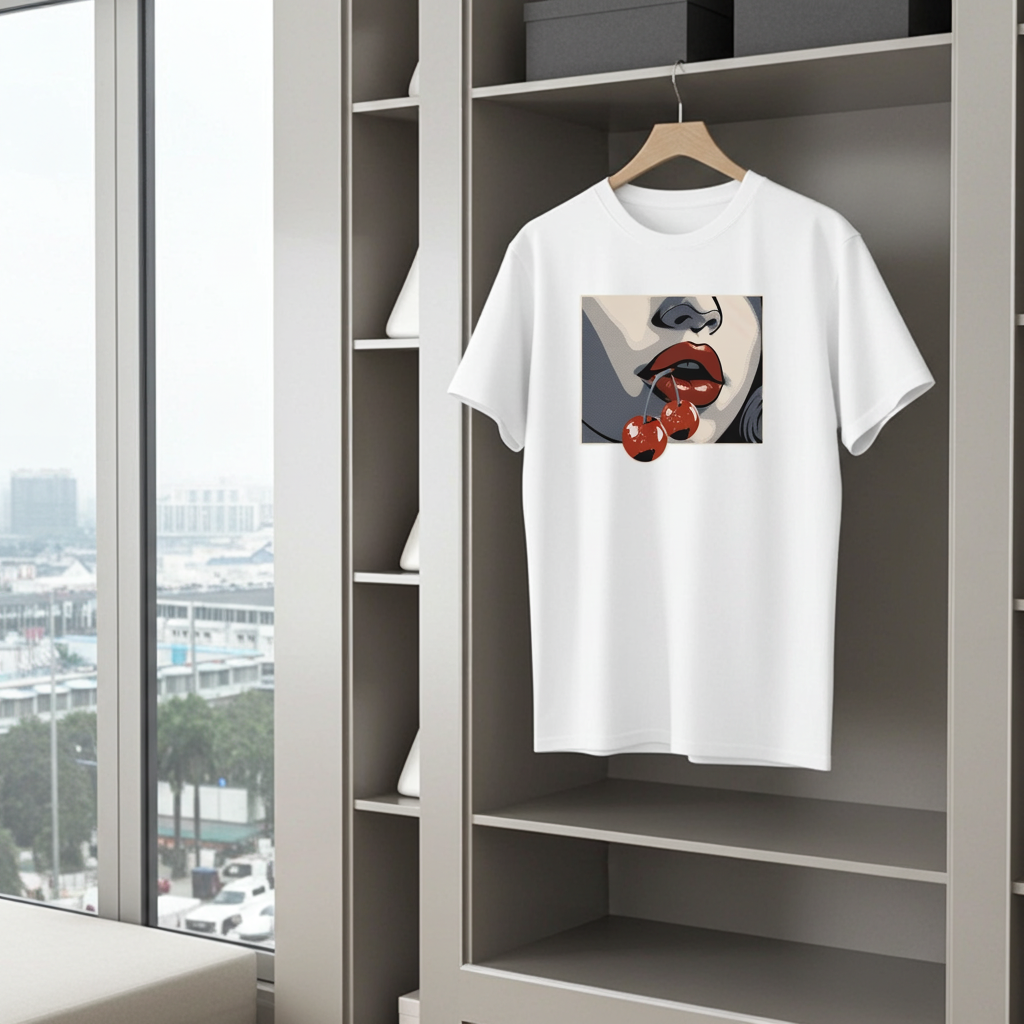 White t-shirt with graphic design hanging on a shelf with a cityscape view.