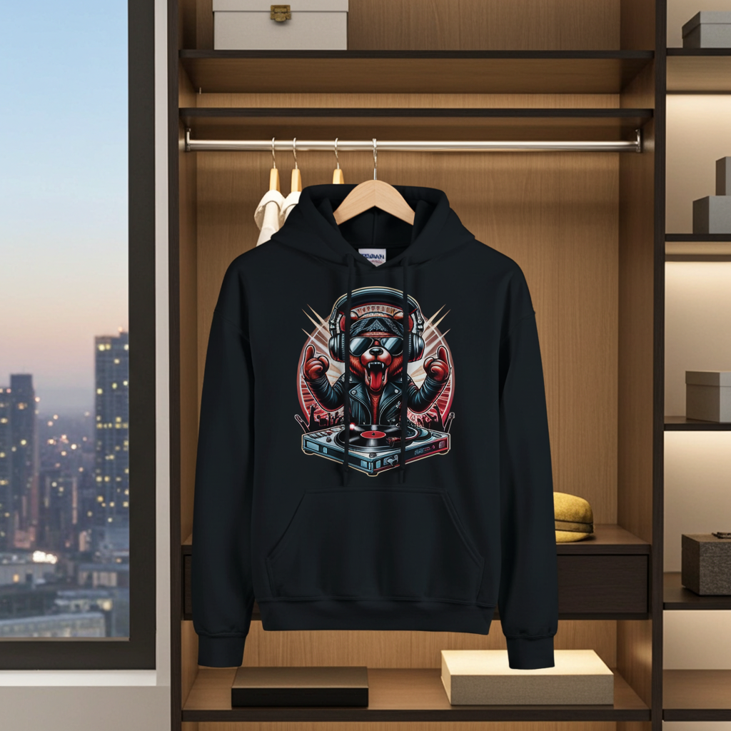 Black hoodie with a graphic design hanging in a wardrobe with cityscape view