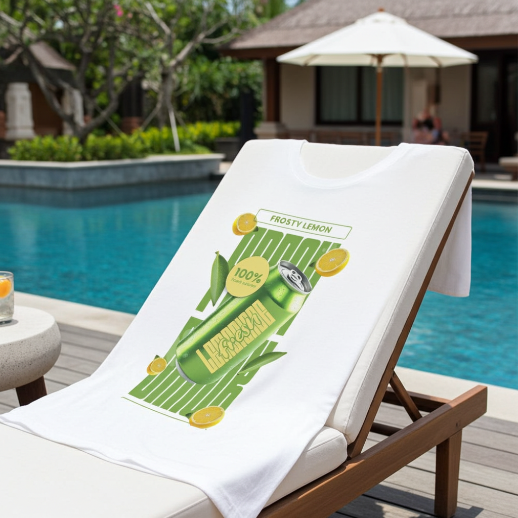 White T-Shirt with green graphic on a lounge chair by a poolside