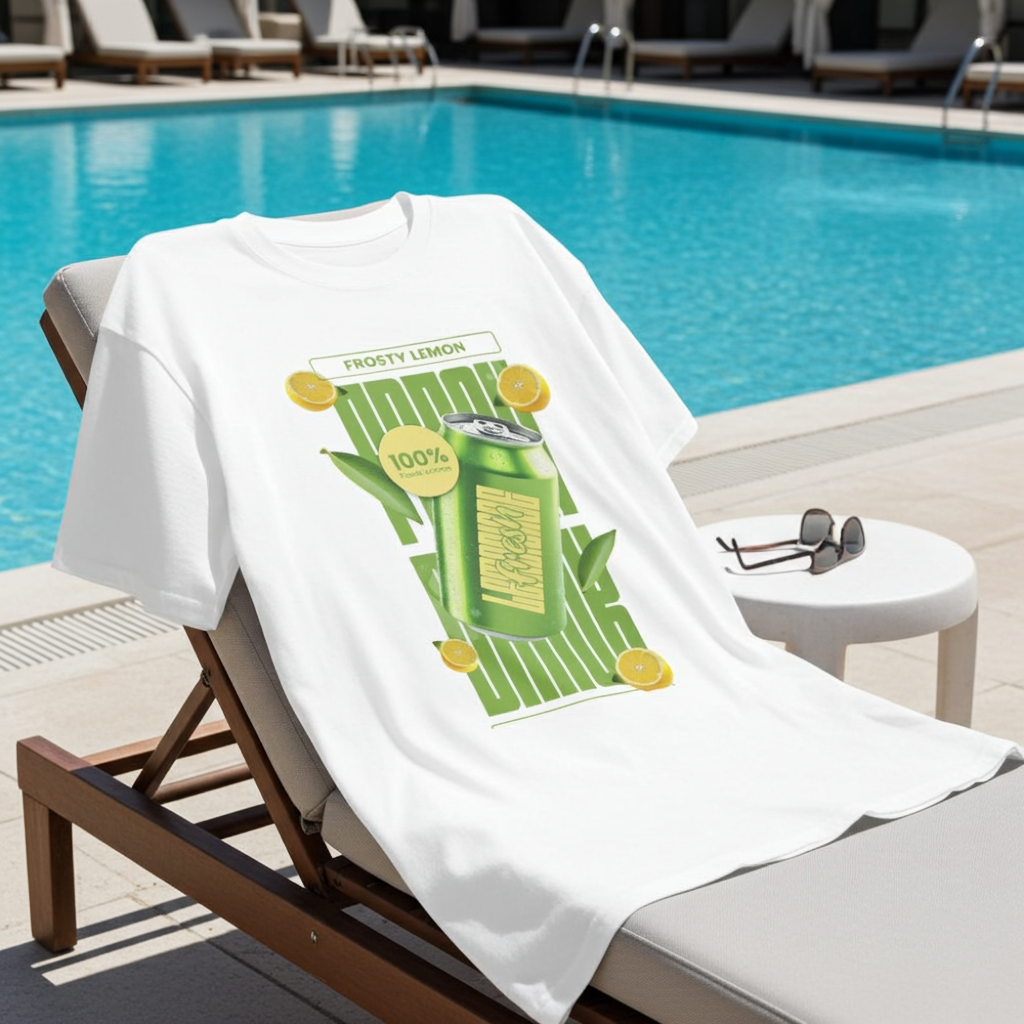 White T-Shirt with a green graphic of a lemonade bottle on a lounge chair by a pool.