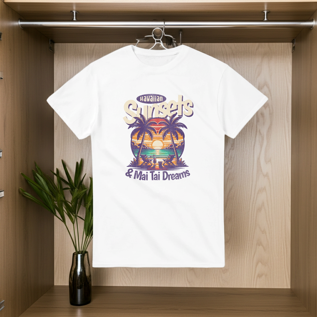 White t-shirt with a colorful graphic design hanging on a wooden rack.