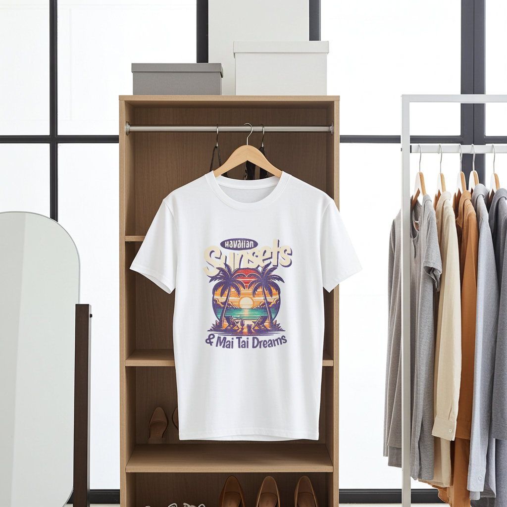 White t-shirt with colorful graphic design hanging on a wooden rack in a clothing store.