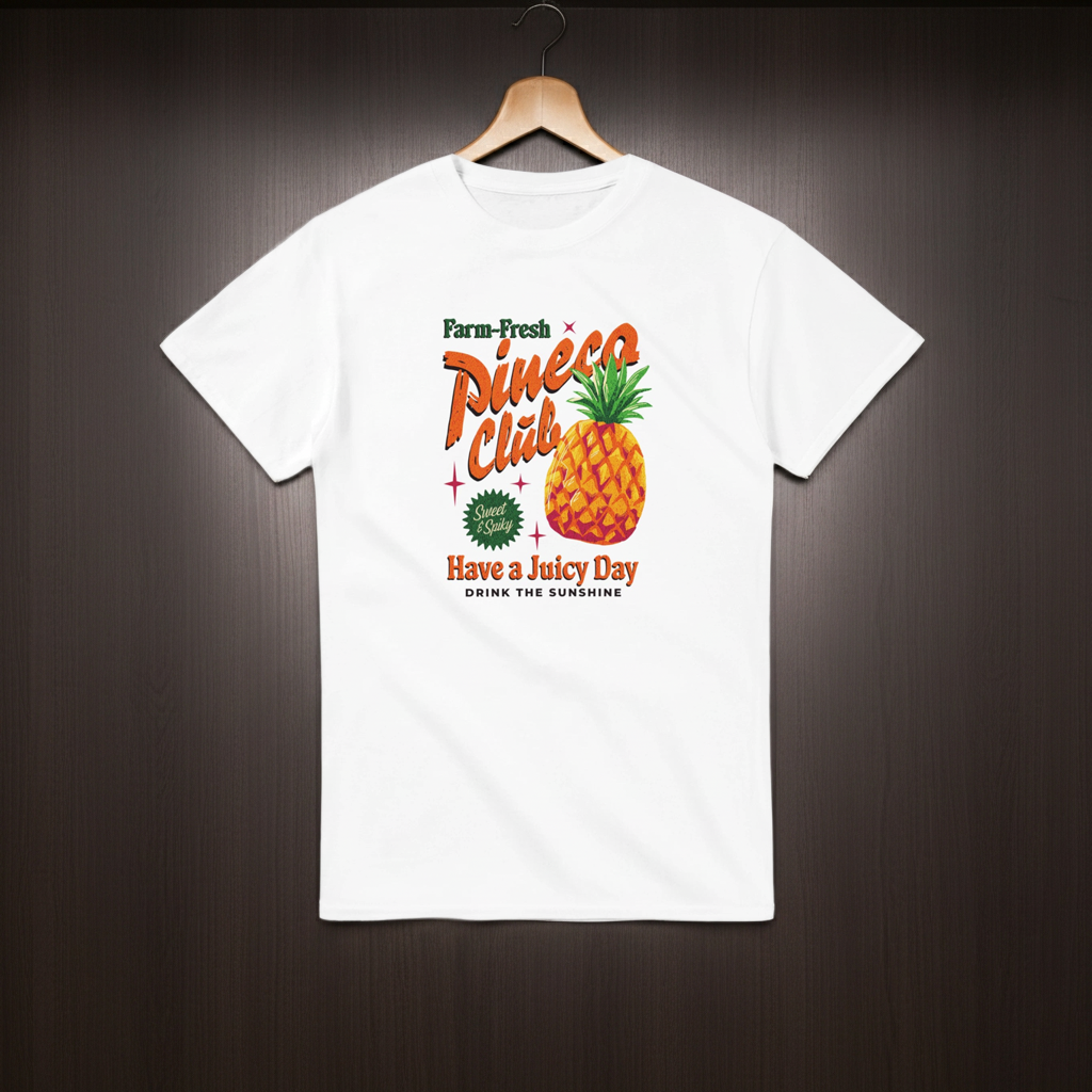 White t-shirt with Pineco Club graphic on a wooden hanger against a dark background