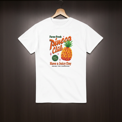 White t-shirt with Pineco Club graphic on a wooden hanger against a dark background