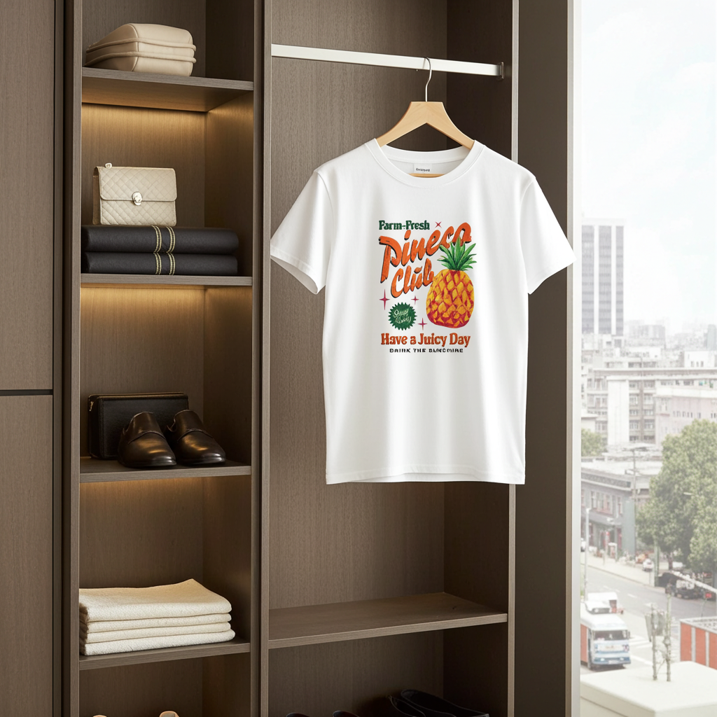 White t-shirt with pineapple graphic and text hanging in a wardrobe.