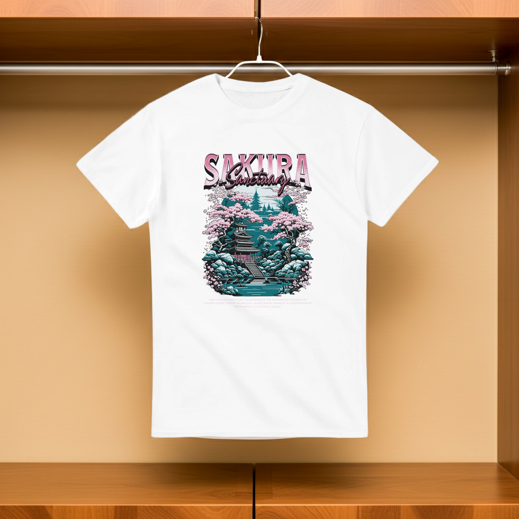 White t-shirt with a 'Sakura' design on a wooden surface