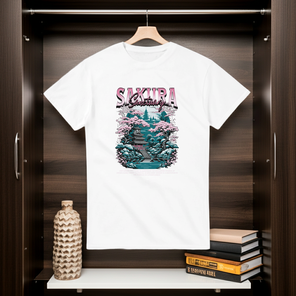 White t-shirt with a 'Sakura' design hanging in a wooden wardrobe.