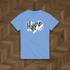 Light blue t-shirt with 'Hype' graphic on a wooden floor