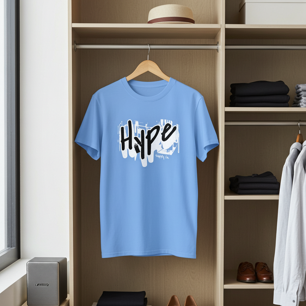 Blue t-shirt with 'Hype' print hanging in a closet.
