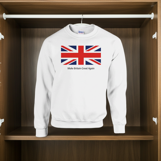 White sweatshirt with Union Jack design and text on a wooden shelf
