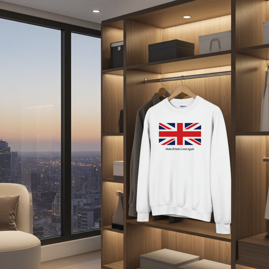 White sweatshirt with a Union Jack design in a modern wardrobe with cityscape view