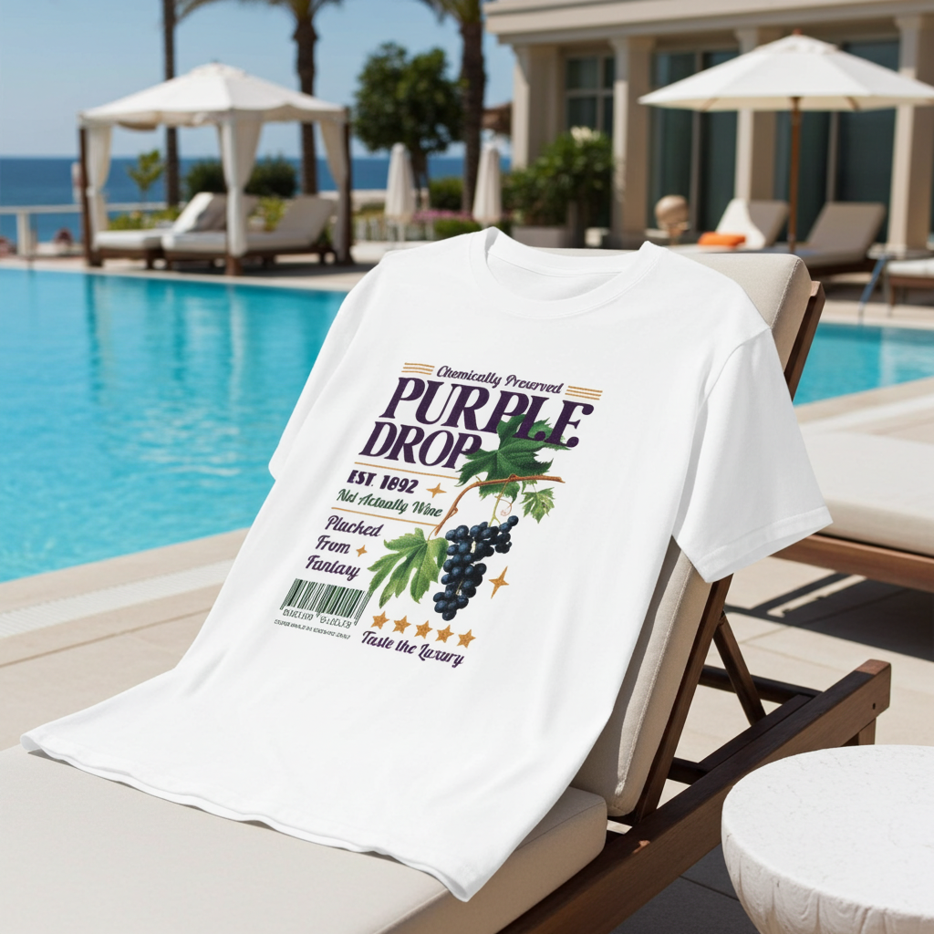 White t-shirt with 'Purple Drop' graphic design on a lounge chair by a poolside.