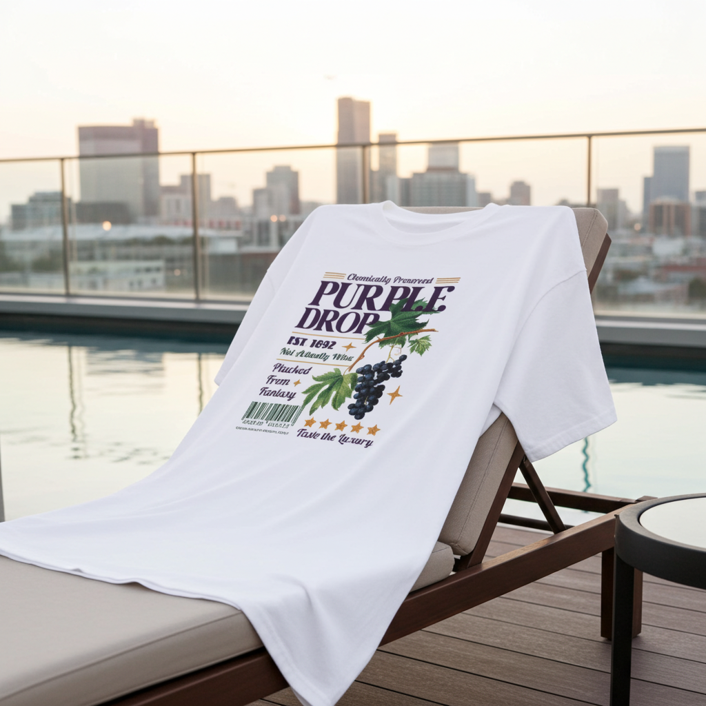 White t-shirt with 'Purple Drop' graphic design on a lounge chair by a pool with city skyline in the background