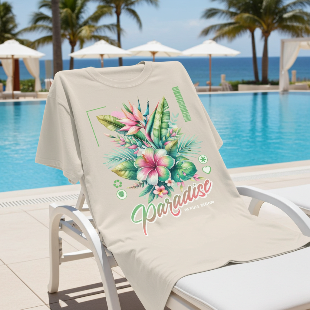 Beige T-Shirt with tropical floral design and 'Paradise' text on a lounge chair by a pool.