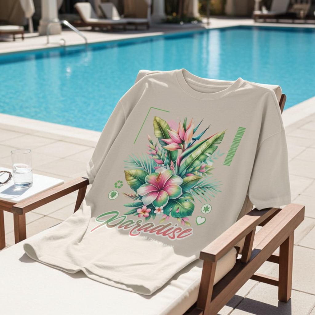 Beige T-Shirt with tropical floral design and 'Paradise' text on a lounge chair by a pool.