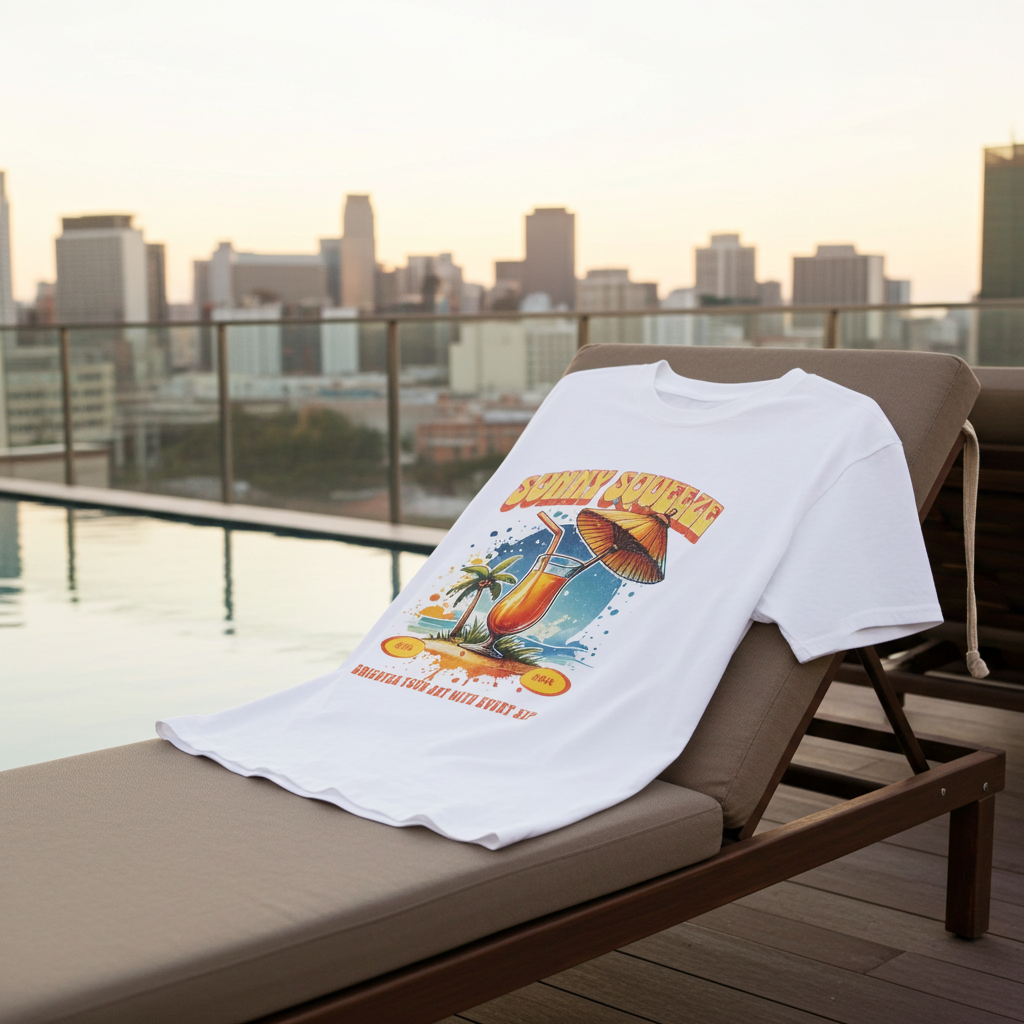 White t-shirt with a colorful graphic design on a lounge chair by a pool with city skyline in the background