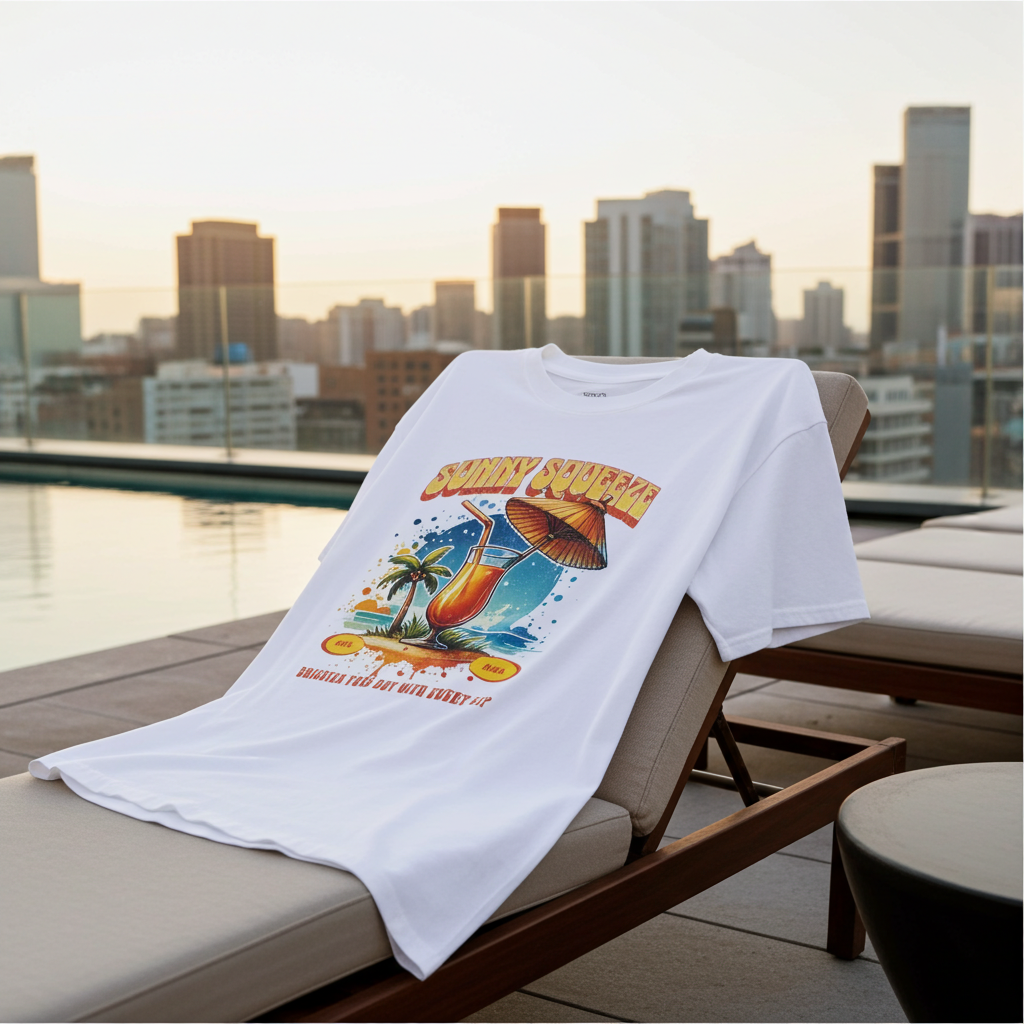 White t-shirt with a colorful graphic design on a lounge chair by a pool with city skyline in the background
