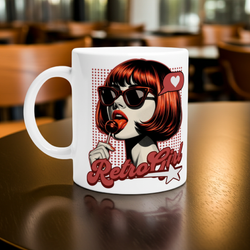 White mug with a graphic design of a woman wearing sunglasses and a cap, with 'RetroGirl' text, on a wooden surface.