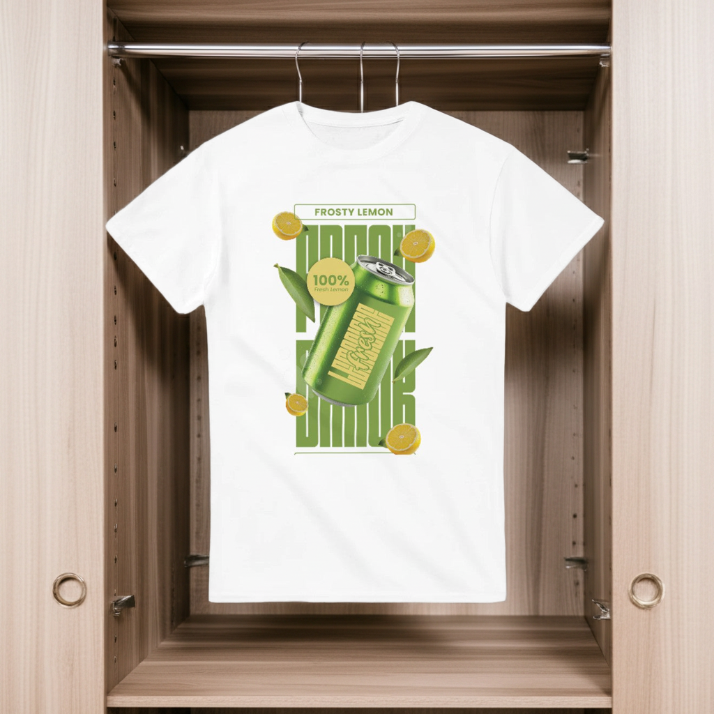 White t-shirt with green graphic design hanging in a wooden closet.