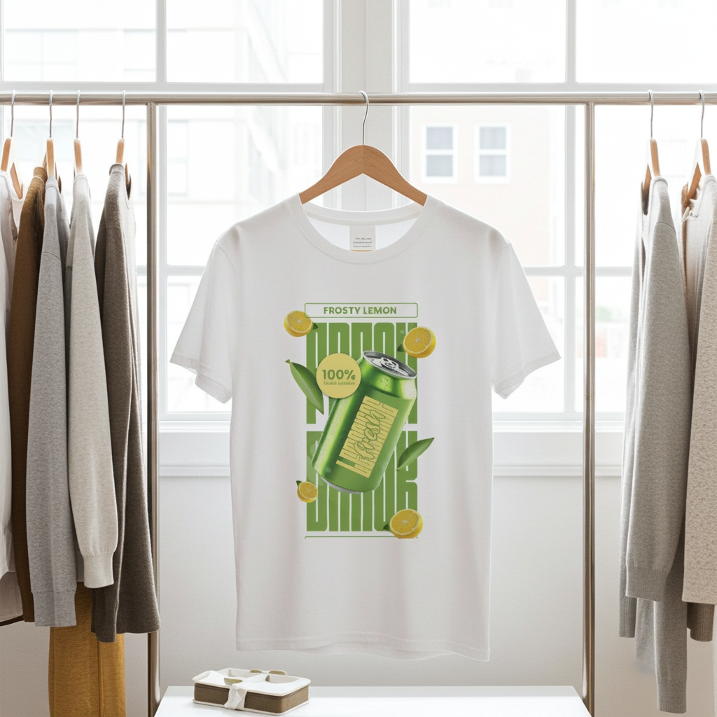 White t-shirt with a green graphic design on a hanger in a clothing store.