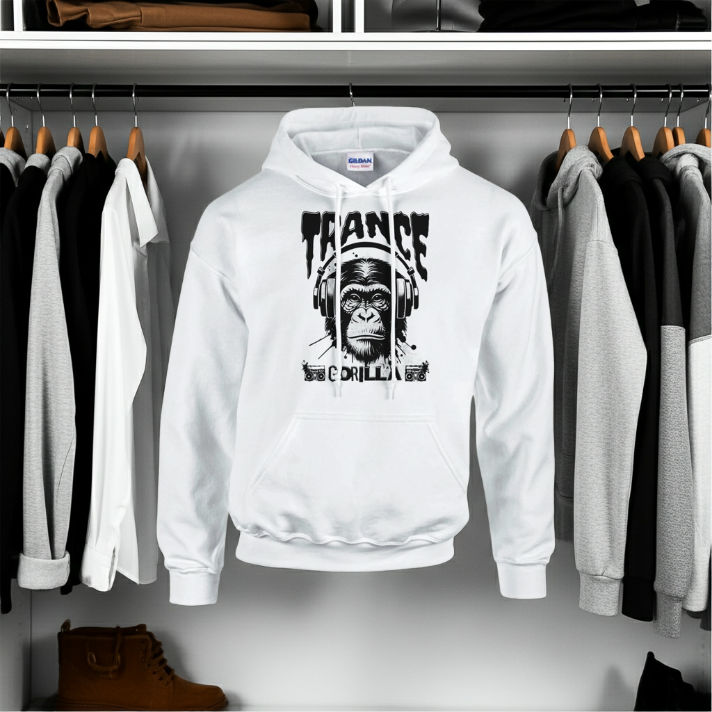 White hoodie with graphic design on a rack of clothes