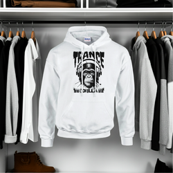 White hoodie with graphic design on a rack of clothes