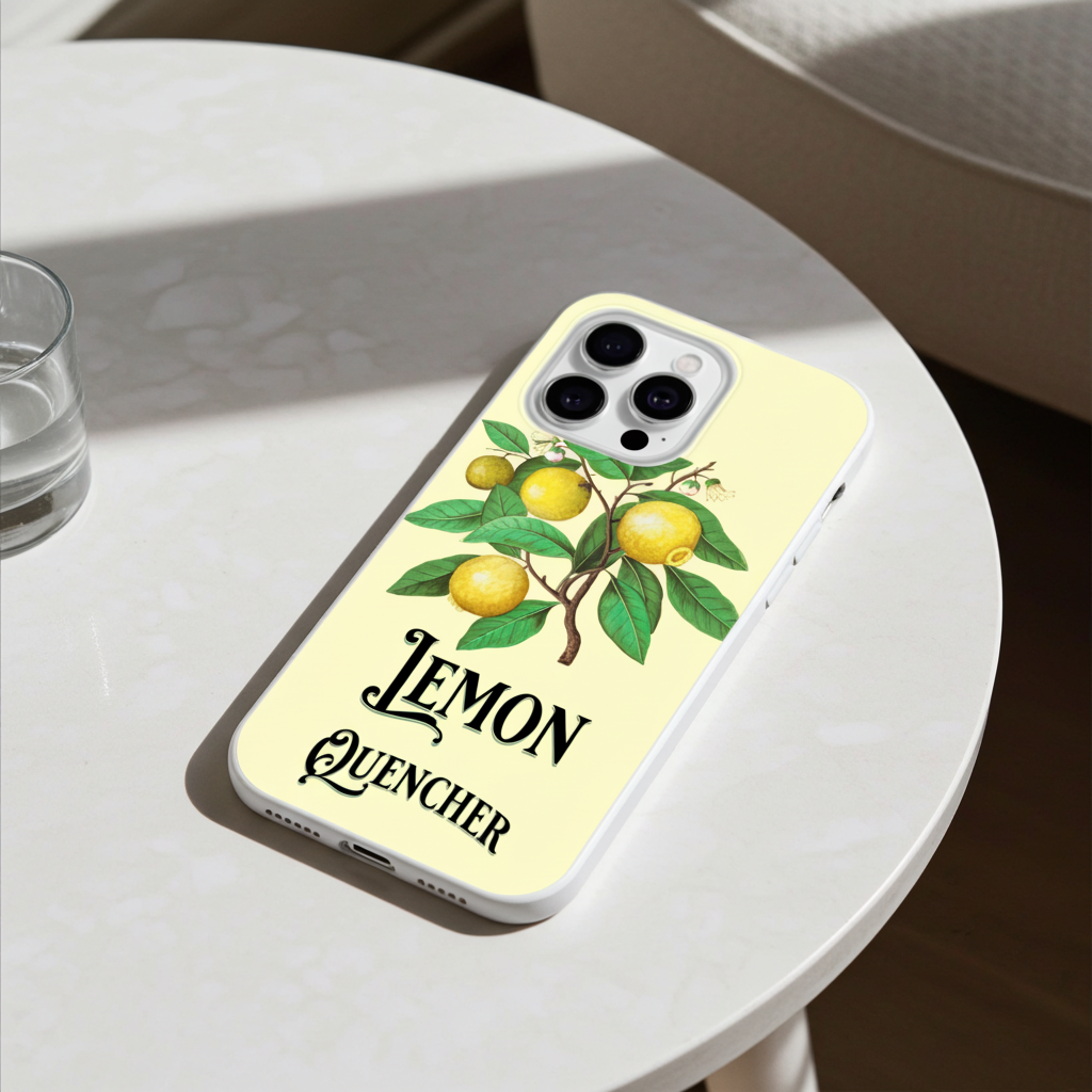 Phone case with lemon design and 'Lemon Quencher' text on a white table