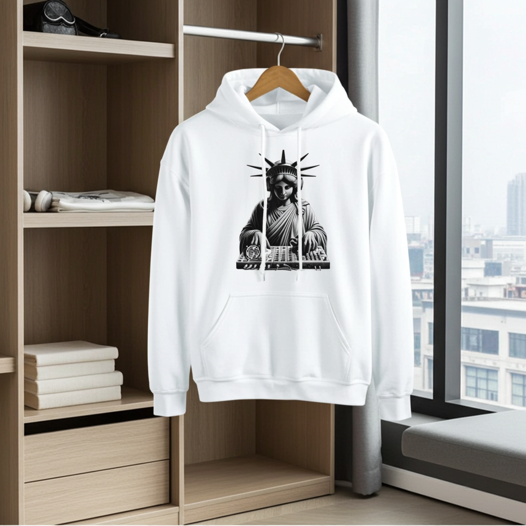 White hoodie with a graphic design on a hanger in a room with a window view.