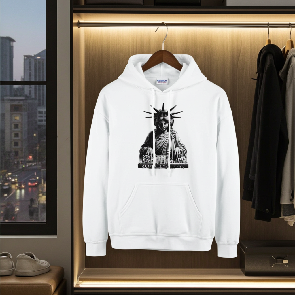White hoodie with a graphic design on a hanger in a clothing store.