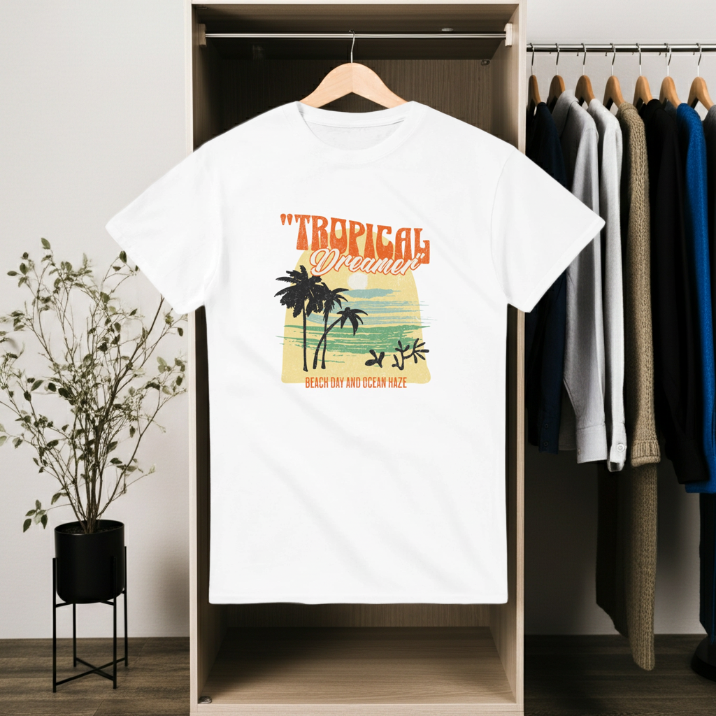 White t-shirt with 'Tropical Dreamer' design hanging in a wardrobe.