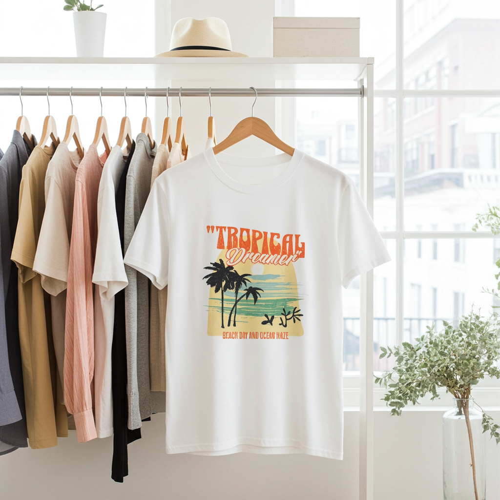 White t-shirt with 'Tropical Dreams' design hanging on a rack with other shirts.