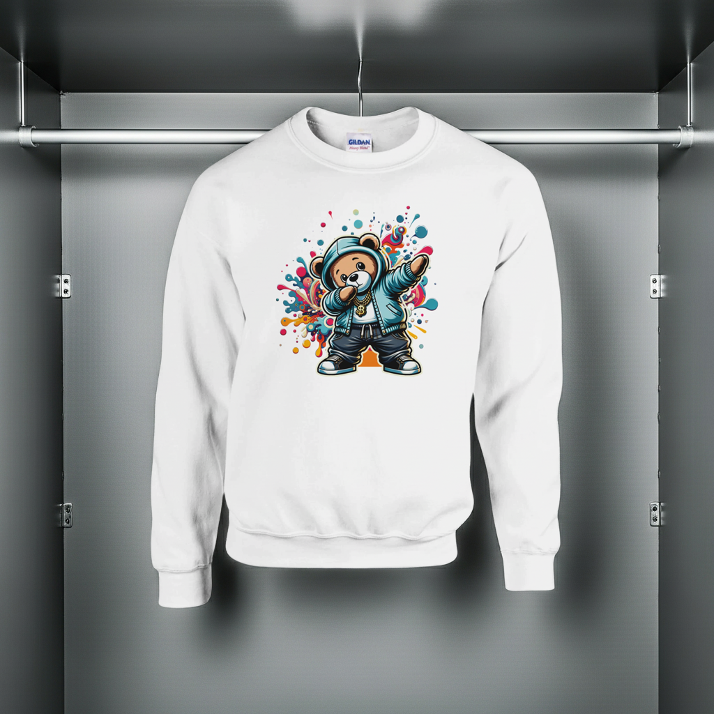 White sweatshirt with a colorful graphic of a bear in a raincoat on a gray background