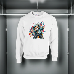 White sweatshirt with a colorful graphic of a bear in a raincoat on a gray background
