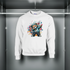 White sweatshirt with a colorful graphic of a bear in a raincoat on a gray background