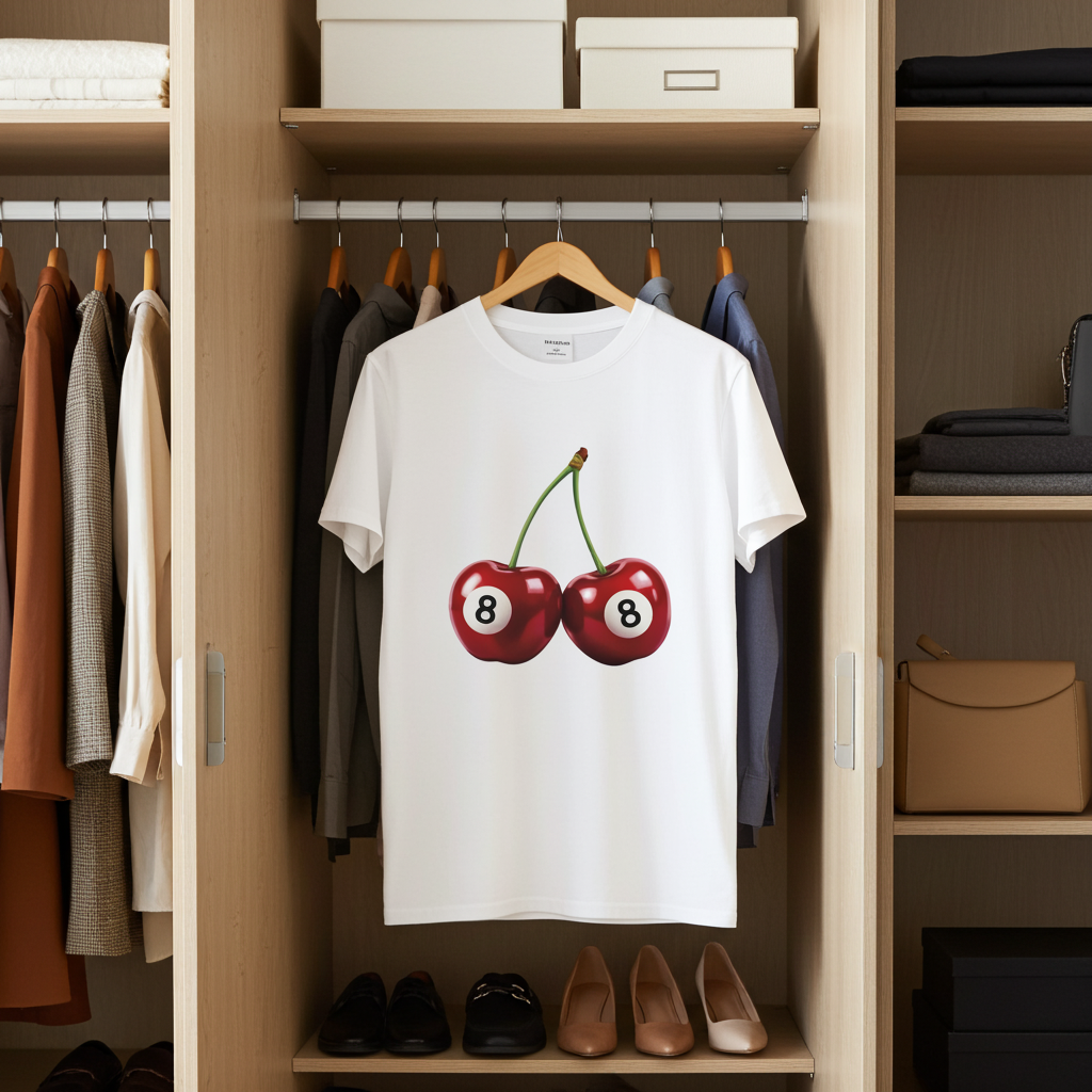 White t-shirt with cherry design hanging in a wardrobe with clothes and shoes.