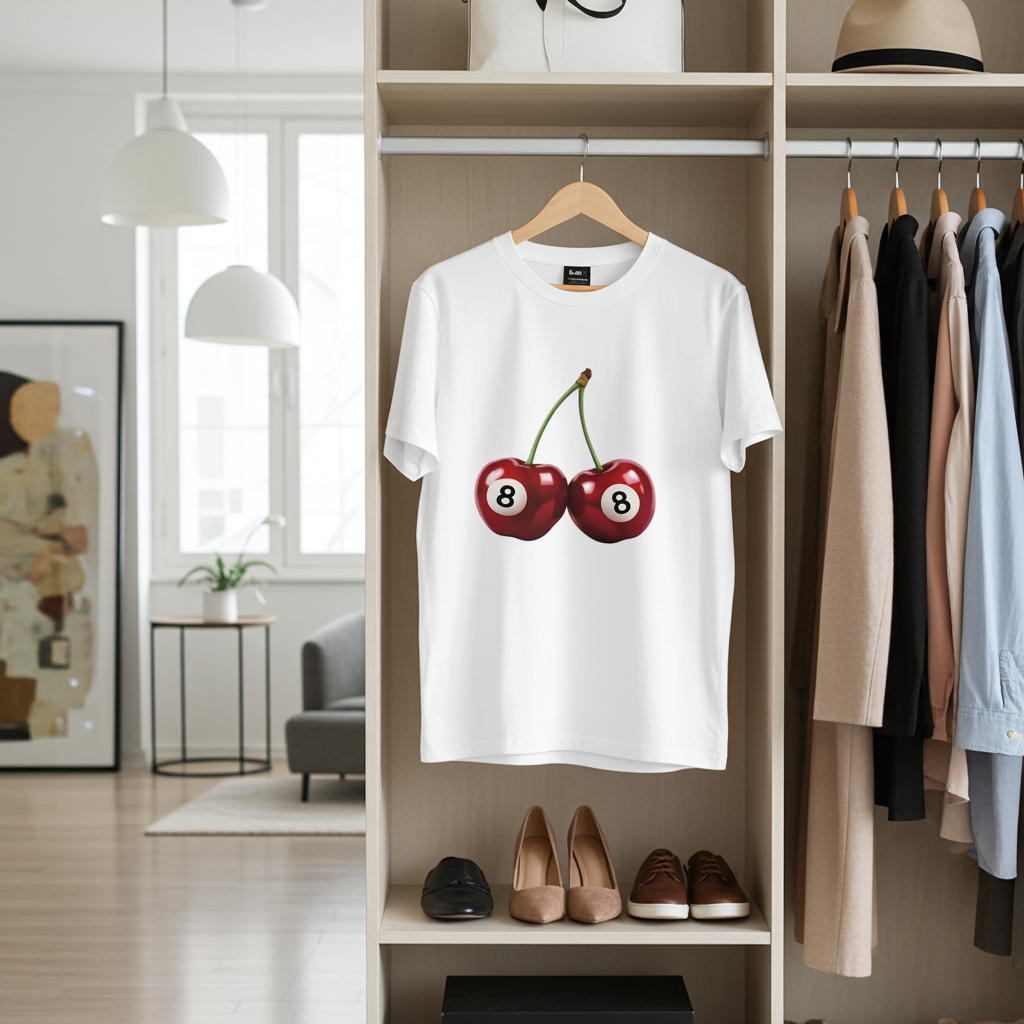 White t-shirt with cherry design on a hanger in a room with shelves and shoes.