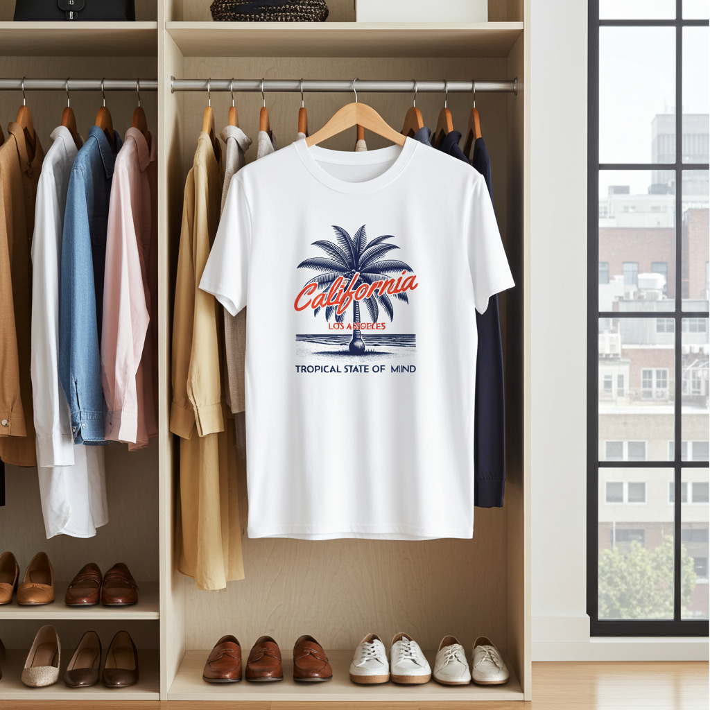 White t-shirt with 'California' design hanging in a wardrobe with clothes and shoes below.