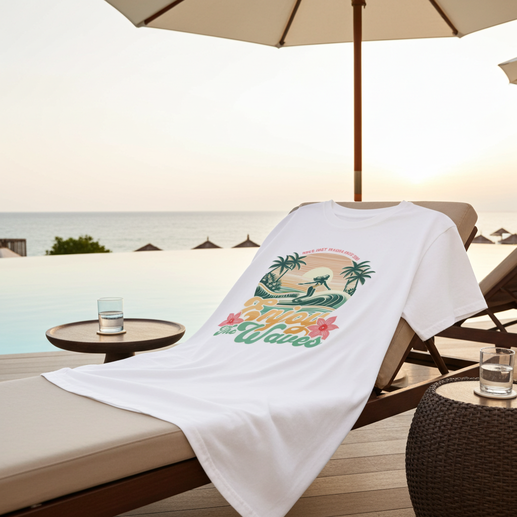 White T-Shirt with a tropical design on a lounge chair by the poolside