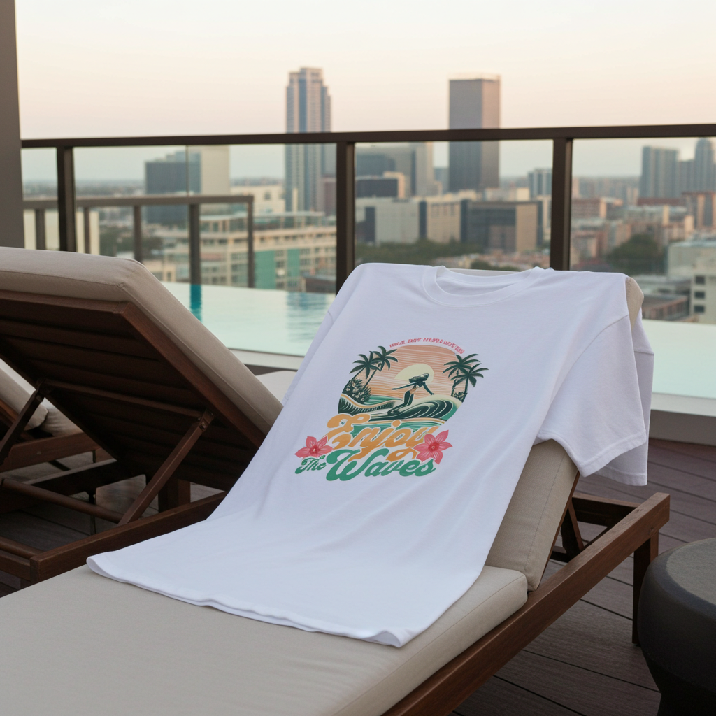 White t-shirt with a colorful graphic design on a lounge chair with a cityscape background