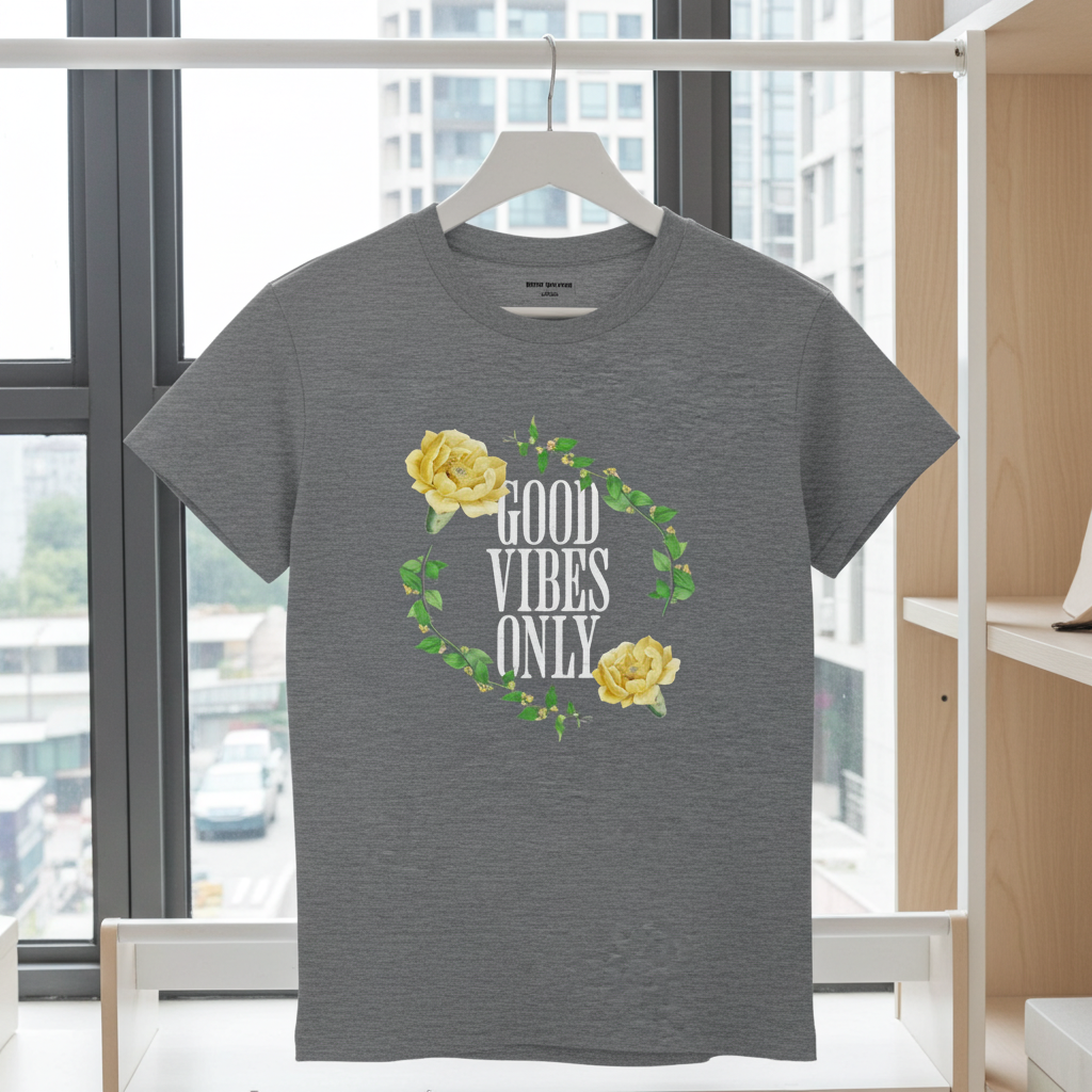 Gray t-shirt with 'Good Vibes Only' text and yellow roses on a hanger in a room with large windows.