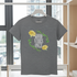 Gray t-shirt with 'Good Vibes Only' text and yellow roses on a hanger in a room with large windows.