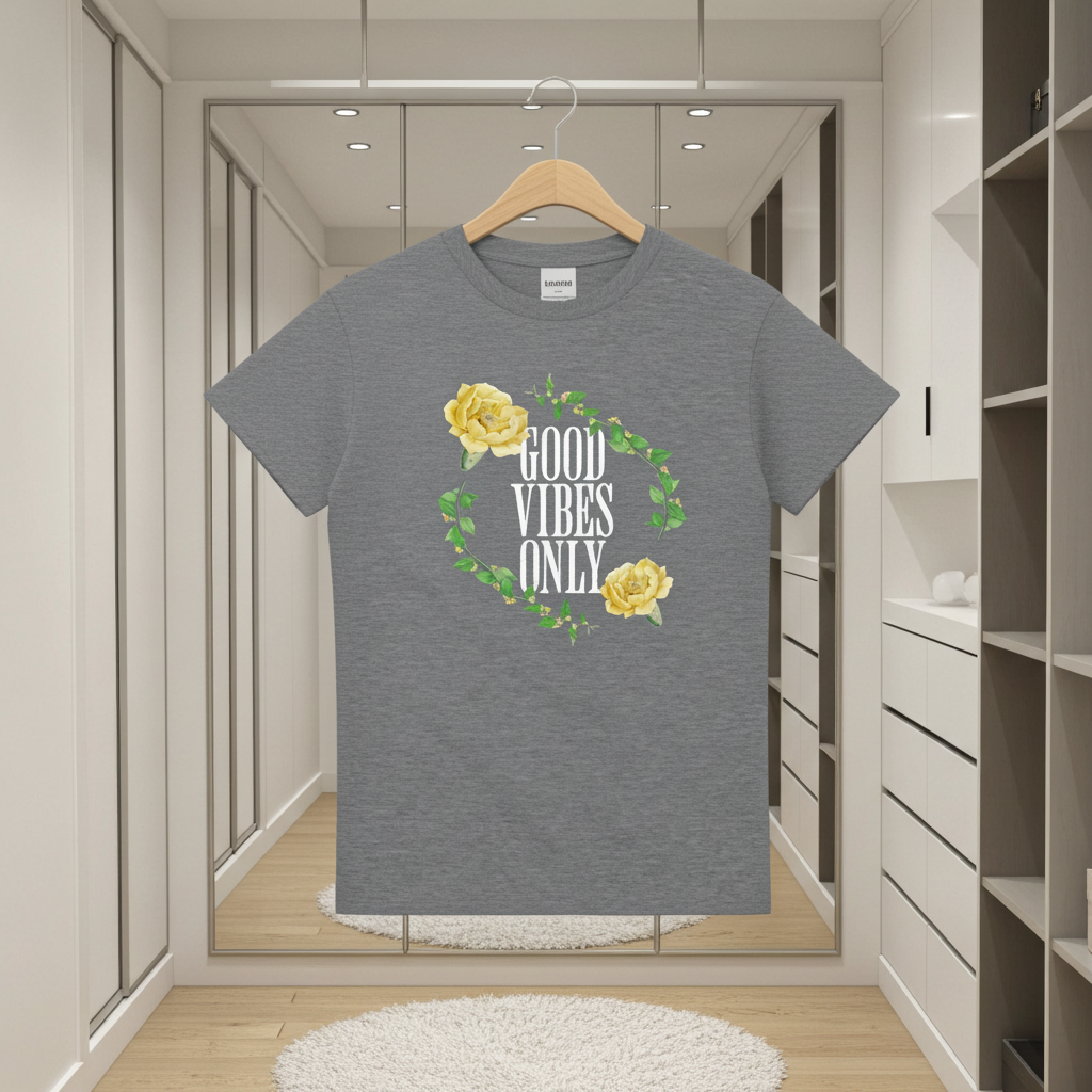 Gray t-shirt with 'Good Vibes Only' text and yellow flowers on a hanger in a modern closet.