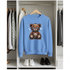 Blue sweatshirt with a teddy bear graphic hanging in a closet.