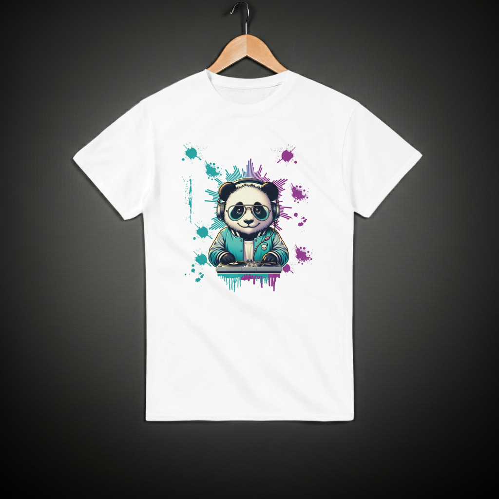 White t-shirt with a panda graphic on a hanger against a dark background