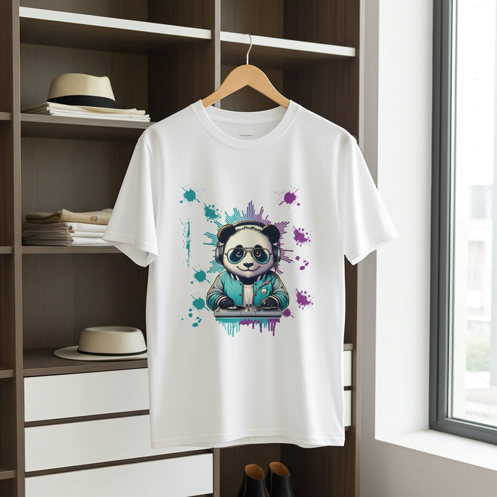 White t-shirt with a panda graphic on a hanger in a room with shelves and a window.