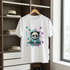 White t-shirt with a panda graphic on a hanger in a room with shelves and a window.