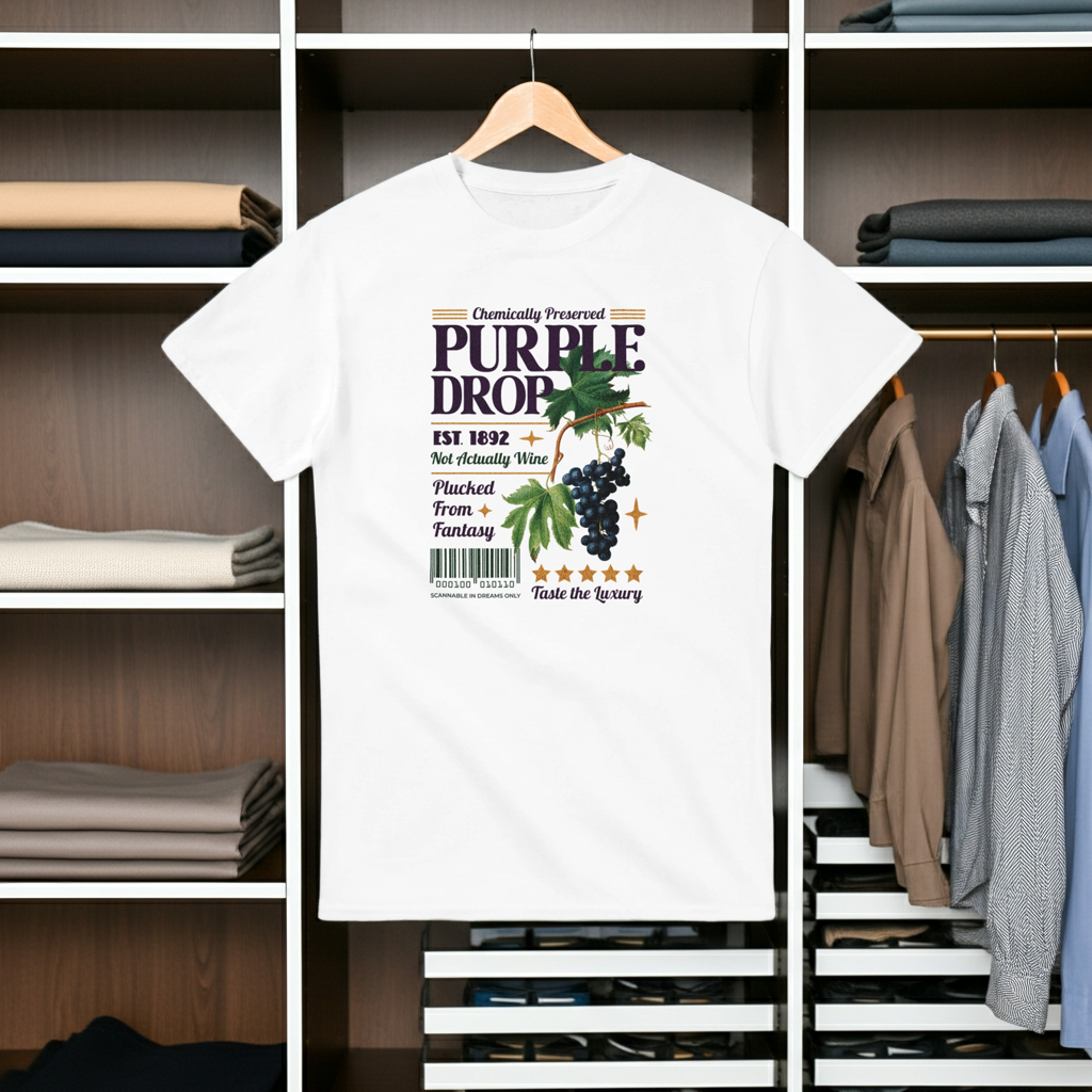 White t-shirt with 'Purple Drop' graphic design on a hanger in a wardrobe.