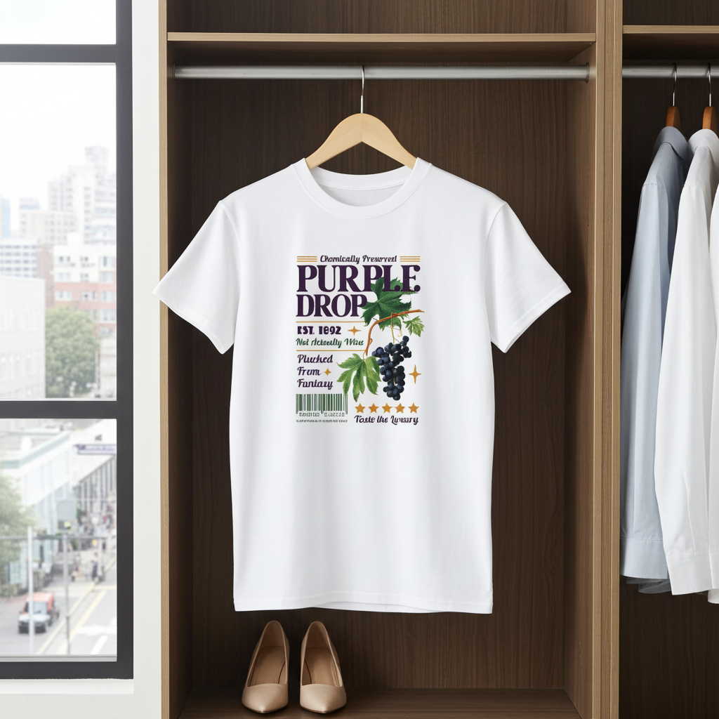 White t-shirt with graphic design hanging in a wardrobe.